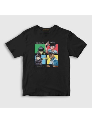 Presmono Unisex Çocuk Siyah Humanz Gorillaz T-Shirt
