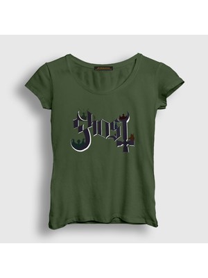 Presmono Kadın Haki Logo Ghost T-Shirt