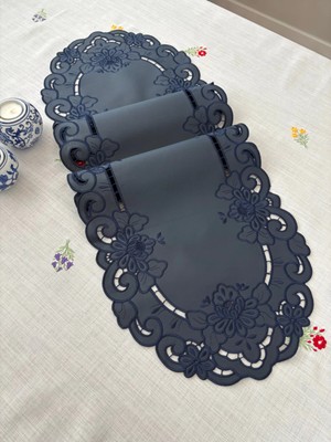 Denef Home Oval Antika - Deri Delik Işi Runner Lacivert - 35X120 cm 1 Adet