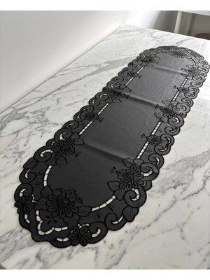 Denef Home Oval Antika - Deri Delik Işi Runner Siyah - 35X120 cm 1 Adet