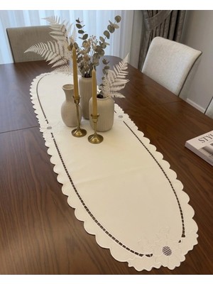 Denef Home Oval Güllü - Deri Delik Işi Runner Bej - 35X120 cm 1 Adet