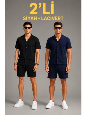 Hace Bazaar Erkek 2'li Krep Kumaş Cepli Gömlek Şort Takım Kısa Kollu Bağcıklı - Siyah  Lacivert