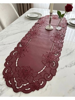 Denef Home Oval Antika - Deri Delik Işi Runner Bordo - 35X120 cm 1 Adet