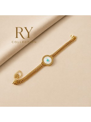 Ry Collections Sedef Taşlı Mavi Boncuk Detaylı Çelik Kadın Bileklik
