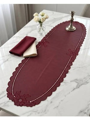 Denef Home Oval Güllü - Deri Delik Işi Runner Bordo - 35X120 cm 1 Adet
