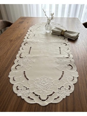 Denef Home Oval Antika - Deri Delik Işi Runner Bej - 35X120 cm 1 Adet