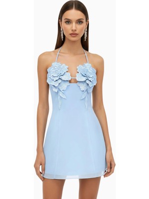 Jw Pei Jw Peı 3D Çiçek Detaylı Mavi Halter Mini Elbise