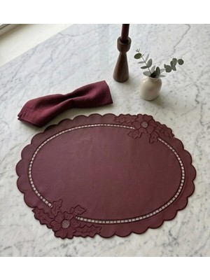 Denef Home Oval - Deri Delik Işi Amerikan Servis Bordo - 35X50 cm 1 Adet