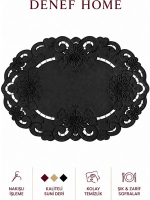 Denef Home Oval Antika - Deri Amerikan Servis Delik Işi Siyah - 35X50 cm 1 Adet