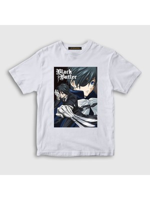 Presmono Unisex Çocuk Beyaz Poster Anime Kuroshitsuji T-Shirt