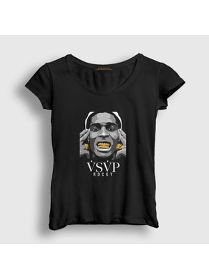 Presmono Kadın Siyah Gold ASAP Rocky T-Shirt