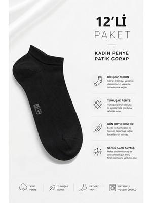 Belyy 12 Li Paket Penye Dikişsiz Kadın Siyah Patik Çorap