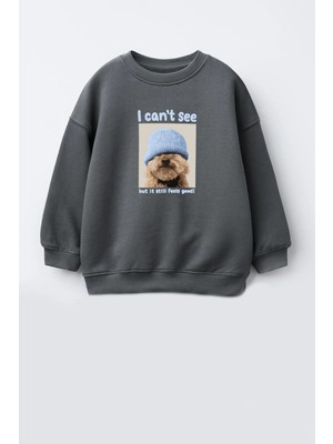 Monila Unisex Çocuk 3 Iplik Kumaş Köpek Baskılı Pamuklu Sweatshirt