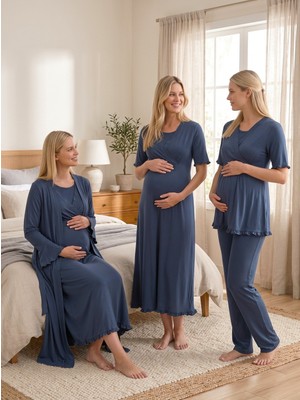 Lohussa Yeni Sezon Lacivert Yazlık Kolay Emzirme Özellikli Kısa Kol %100 Pamuk Lohusa Hamile Sabahlık Gecelik Pijama Takımı 4'lü Set