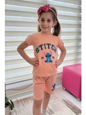 Mevese Somon Stitch Kısa Kollu Şortlu Çizgi Karakter Baskılı Kız Çocuk 2li Takım