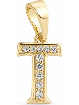 Zeino T Harfi Zirkon Taşlı Minimal Kolye Ucu  - 14K Altın Kaplama - 8 x 16 mm