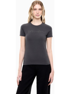 EA7 Kadın Normal Kesim Yapay Taş Desenli Logo Detaylı Yuvarlak Yakalı Kısa Kollu Antrasit T-Shirt 7W001399 AF14880-U8117
