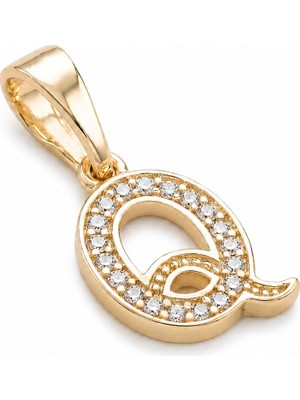 Zeino Q Harfi Zirkon Taşlı Minimal Kolye Ucu  - 14K Altın Kaplama - 8 x 17 mm