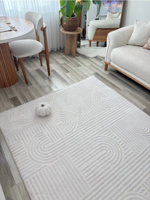 Has 1950 Alize Modern Geometrik Kabartmalı Krem Halı - Saçaklı Iskandinav Tarzı Salon Oda Halısı
