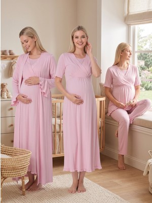 Lohussa Yeni Sezon Pudra Yazlık Kolay Emzirme Özellikli Kısa Kol %100 Pamuk Lohusa Hamile Sabahlık Gecelik Pijama Takımı 4'lü Set