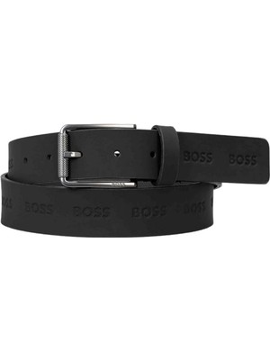Boss Erkek Gümüş Tonlu Metalik Tokalı Logo Kabartmalı Hakiki Deri Siyah Kemer 50568673-001