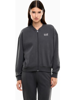EA7 Kadın Rahat Kalıp Düşük Omuzlu Logo Detaylı Uzun Kollu Fermuarlı Antrasit Sweatshirt 7W001401 AF20758-U8117