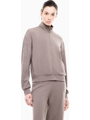 EA7 Kadın Rahat Kalıp Düşük Omuzlu Kollarında Yapay Elmas Desenli Uzun Kollu Fermuarlı Bej Sweatshirt 7W001424 AF24375-U6100