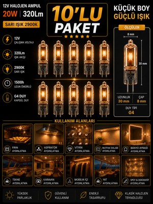Avarson (10 Adet) Osaka 12VOLT 20W Sarı Işık G4 Duylu Dim Edilebilir Halojen Kapsül Ampul