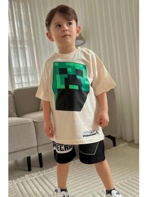 Mevese Bej Mine Craft Çizgi Film Baskılı Alt Üst Erkek Çocuk 2li Takım