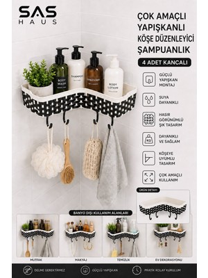 Sas Haus Hasır Görünümlü Yapışkanlı Köşe Şampuanlık 4 Kancalı Plastik Banyo Düzenleyici