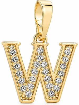 Zeino W Harfi Zirkon Taşlı Minimal Kolye Ucu  - 14K Altın Kaplama - 12 x 16 mm