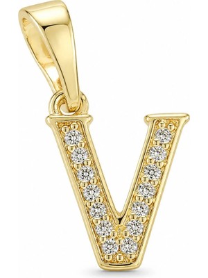 Zeino V Harfi Zirkon Taşlı Minimal Kolye Ucu  - 14K Altın Kaplama - 9 x 16 mm