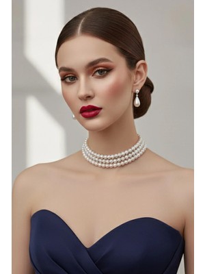 Cam Incili Gümüş Kaplama Tasma Choker Kolye Inci Kolye Üç Sıra Kolye Özel Tasarım