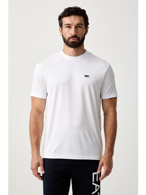 EA7 Erkek Normal Kalıp Yumuşak Dokuma Kumaşlı Plaka Logolu Kısa Kollu Beyaz T-Shirt 7M002096 AF13862-U0002