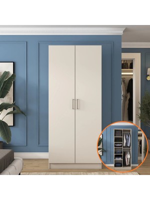 Rani BA241 Gardırop 2 Kapaklı 6 Raflı 2 Askılı Elbise Dolabı Kumtaşı
