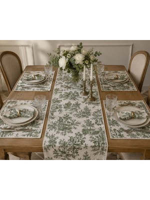 Kilia Home Duck Kumaş Fransız Köylü Desenli Krem Biye Kenar Detaylı Yeşil Runner ve Amerikan Servis Seti – 1 Adet 180X45 cm Runner + 4 Adet 43X35 cm Amerikan Servis