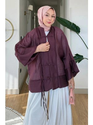 Tesettür Diyarı Madis Tül Kumaş Tesettür Kimono- Mürdüm