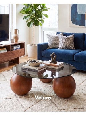 Velura Home & Living Modern Orta Sehpa & Top Sehpa Cam Sehpa & Küre Orta Sehpa - Ceviz Top - Yuvarlak - Füme Cam