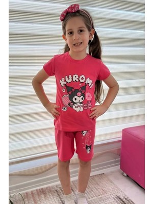 Mevese Pembe Kuromi Kısa Kollu Şortlu Çizgi Karakter Baskılı Kız Çocuk 2li Takım