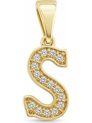 Zeino S Harfi Zirkon Taşlı Minimal Kolye Ucu  - 14K Altın Kaplama - 7 x 17 mm