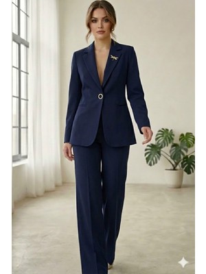 Diaves Lacivert Kadın Aksesuarlı Astarlı Tek Düğme Blazer Ceket & Kumaş Pantolon Takım Elbise