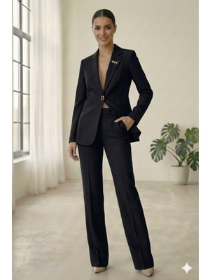 Diaves Siyah Kadın Aksesuarlı Astarlı Tek Düğme Blazer Ceket & Kumaş Pantolon Takım Elbise