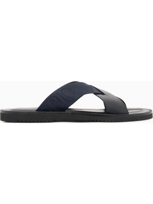 Emporio Armani Erkek Logolu Çapraz Bantlı Deri Lacivert Terlik X4P124 XN787-MB007