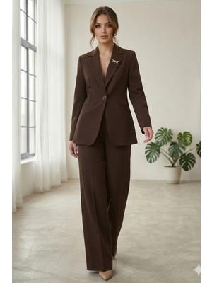 Diaves Kahverengi Kadın Aksesuarlı Astarlı Tek Düğme Blazer Ceket & Kumaş Pantolon Takım Elbise