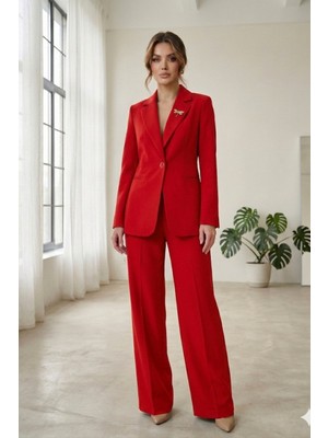 Diaves Kırmızı Kadın Aksesuarlı Astarlı Tek Düğme Blazer Ceket & Kumaş Pantolon Takım Elbise