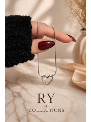Ry Collections Kadın Gümüş Renk Çelik Kolye Minimalist Kalp Figürlü Kararmaz Tasarım Zincir Kolye
