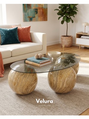 Velura Home & Living Modern Orta Sehpa & Top Sehpa Cam Sehpa & Küre Orta Sehpa - 41 cm Traverten - Fasulye - Füme Cam