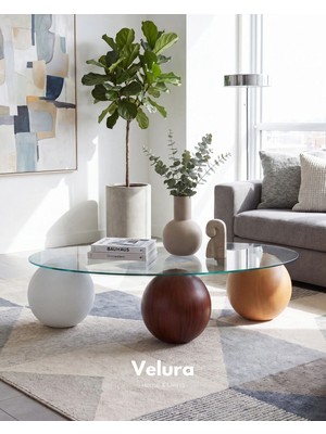 Velura Home & Living Modern Orta Sehpa & Top Sehpa Cam Sehpa & Küre Orta Sehpa - 1 Beyaz Top & 1 Ceviz Top & 1 Meşe Top - Fasulye - Şeffaf Cam