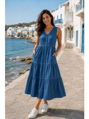 HC Kids Wear Kadın Büyük Beden Kot Elbise Yazlık Kolsuz Düğmeli Midi Boy Denim Elbise