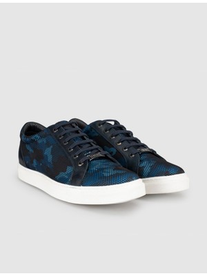 Cabani Lacivert Kamuflaj Desenli Hakiki Deri Erkek Sneaker